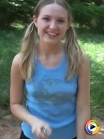 Cute teen Shelby teases outside while playing with silly string